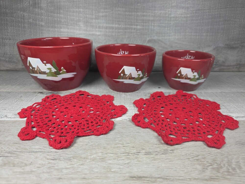 Set of 3 Red Cabin In Winter Snow Nesting Bowls By JoAnn Stores 42.1